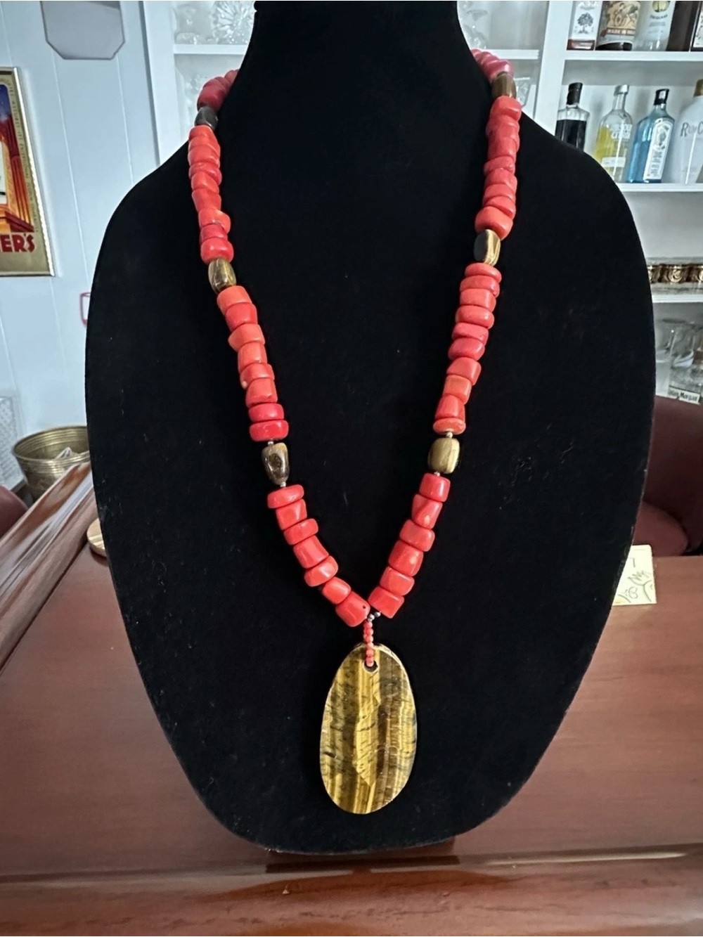 Vintage Large Chunky Stone Coral Tigers Eye Beaded Necklace 29 Inches 243g